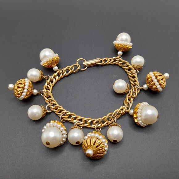 Vintage 1950s Acorn Filigree Charm Bracelet, Faux Pearls, 7 1/4" - Picture 1 of 9